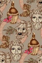 Antique mask and wine, olives, grapes. Seamless pattern. Royalty Free Stock Photo
